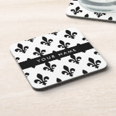 Fleur de Lis, Schwarz auf Weiß, Schwarz, Ihr Name Getränkeuntersetzer (Linke Seite)