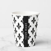 Fleur de Lis, Schwarz auf Weiß, Schwarz, Ihr Name Pappbecher (Vorderseite)