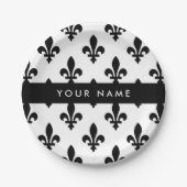 Fleur de Lis, Schwarz auf Weiß, Schwarz, Ihr Name Pappteller (Vorderseite)