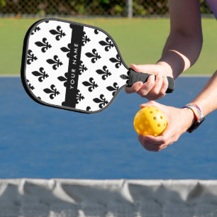 Fleur de Lis, Schwarz auf Weiß, Schwarz, Ihr Name Pickleball Schläger