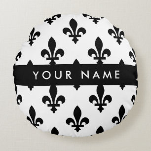Fleur de Lis, Schwarz auf Weiß, Schwarz, Ihr Name Rundes Kissen