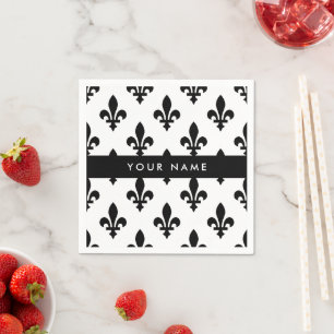 Fleur de Lis, Schwarz auf Weiß, Schwarz, Ihr Name Serviette