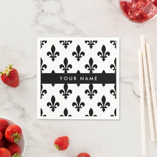 Fleur de Lis, Schwarz auf Weiß, Schwarz, Ihr Name Serviette (Beispiel)