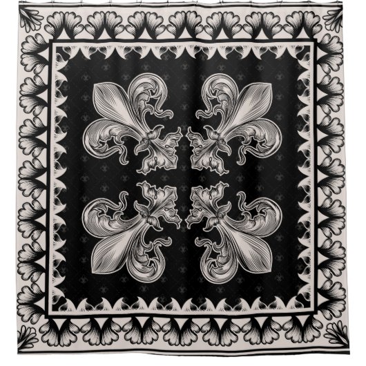 Fleur-de-lis - Schwarz und Creme Duschvorhang (Vorderseite)