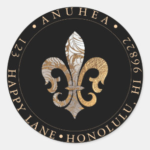 FLEUR DE LIS   UNECHTE GOLD-DAMAST RUNDER AUFKLEBER