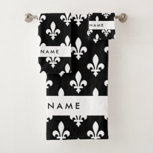 Fleur de Lis, Weiß auf Schwarz, Weiß, Ihr Name Badhandtuch Set