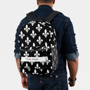 Fleur de Lis, Weiß auf Schwarz, Weiß, Ihr Name Bedruckter Rucksack