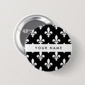 Fleur de Lis, Weiß auf Schwarz, Weiß, Ihr Name Button (Vorne & Hinten)