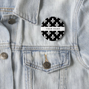 Fleur de Lis, Weiß auf Schwarz, Weiß, Ihr Name Button