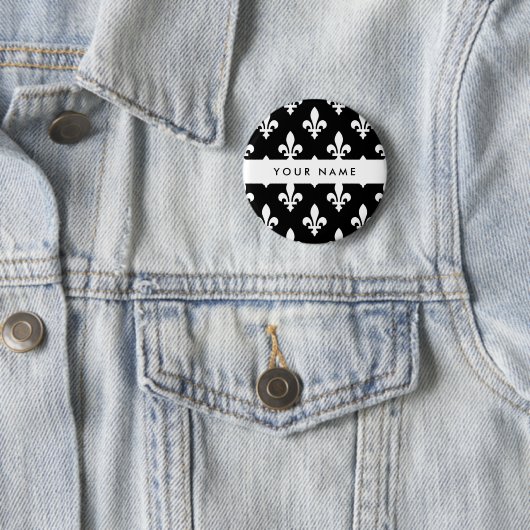 Fleur de Lis, Weiß auf Schwarz, Weiß, Ihr Name Button (Beispiel)