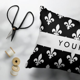 Fleur de Lis, Weiß auf Schwarz, Weiß, Ihr Name Dekokissen