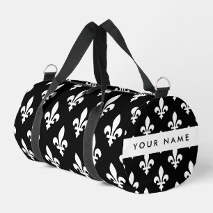 Fleur de Lis, Weiß auf Schwarz, Weiß, Ihr Name Duffle Bag