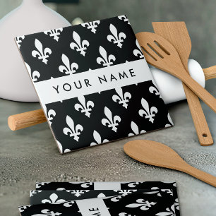 Fleur de Lis, Weiß auf Schwarz, Weiß, Ihr Name Fliese