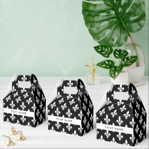 Fleur de Lis, Weiß auf Schwarz, Weiß, Ihr Name Geschenkschachtel