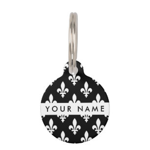 Fleur de Lis, Weiß auf Schwarz, Weiß, Ihr Name Haustiermarke