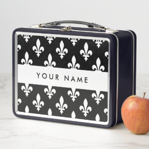 Fleur de Lis, Weiß auf Schwarz, Weiß, Ihr Name Metall Brotdose