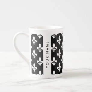 Fleur de Lis, Weiß auf Schwarz, Weiß, Ihr Name Porzellantasse