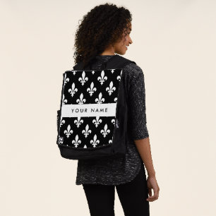 Fleur de Lis, Weiß auf Schwarz, Weiß, Ihr Name Rucksack