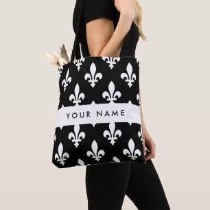 Fleur de Lis, Weiß auf Schwarz, Weiß, Ihr Name Tasche