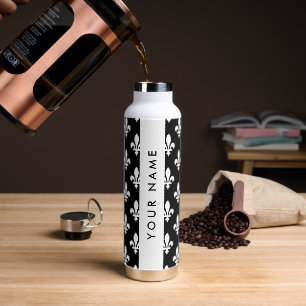 Fleur de Lis, Weiß auf Schwarz, Weiß, Ihr Name Trinkflasche