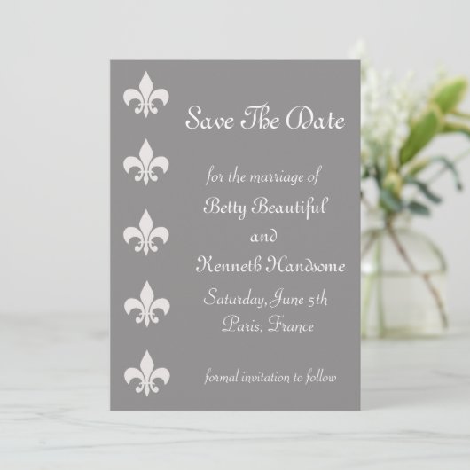 Fleur De Lise Save the Date in Smokey Grays (Stehend Vorderseite)