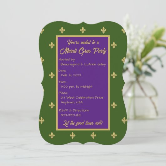 Fleur-de-lys Mardi Gras-Party Einladung (Stehend Vorderseite)