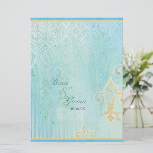 Fleur di Lys Damask 2 Blau - Einladung zur Hochzei (Stehend Vorderseite)