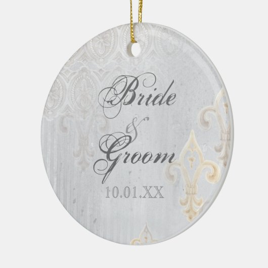 Fleur di Lys Damask 2 Grau - Hochzeitsfeier Keramikornament (Links)