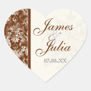 Fleur di Lys Damask - Brown Wedding Siegel Herz-Aufkleber