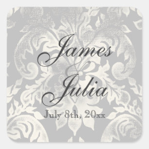 Fleur di Lys Damask - Gray Wedding Siegel Quadratischer Aufkleber
