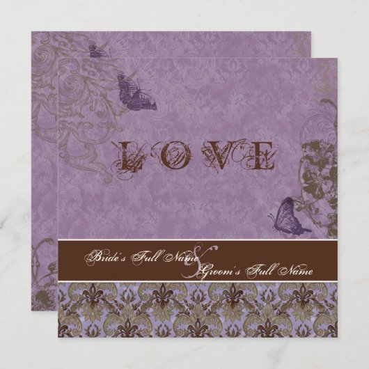 Fleur di Lys Damask - Lila Einladung zur Hochzeits (Vorne/Hinten)