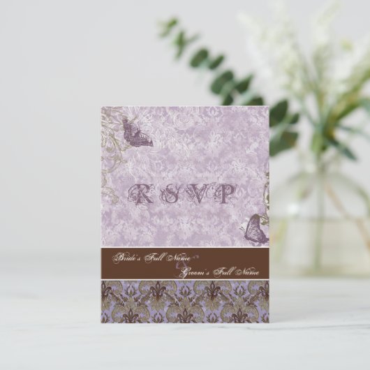 Fleur di Lys Damask - Lila UAWG Response Card RSVP Karte (Stehend Vorderseite)