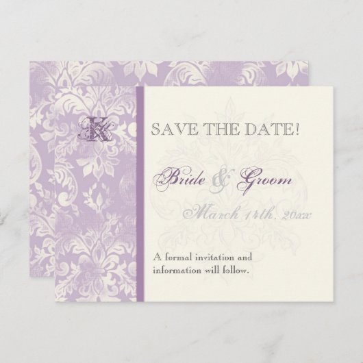 Fleur di Lys Damask - Lilac Save the Date Card (Vorne/Hinten)