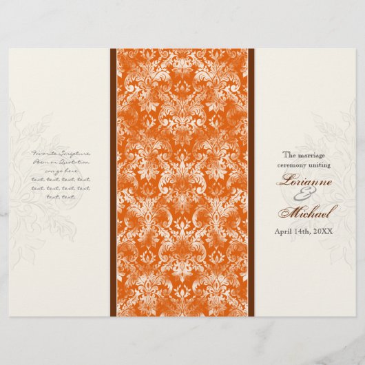 Fleur di Lys Damask Orange formales Hochzeitsprogr (Vorderseite)