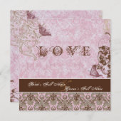 Fleur di Lys Damask Pink Brown Butterfly Wedding Einladung (Vorne/Hinten)