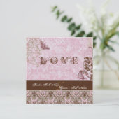 Fleur di Lys Damask Pink Brown Butterfly Wedding Einladung (Stehend Vorderseite)