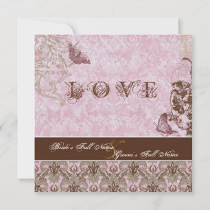 Fleur di Lys Damask Pink Brown Butterfly Wedding Einladung