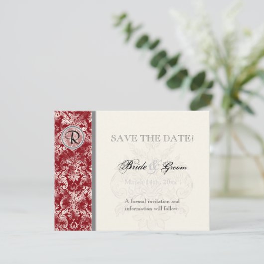 Fleur di Lys Damask - Weinkarte Save the Date (Stehend Vorderseite)