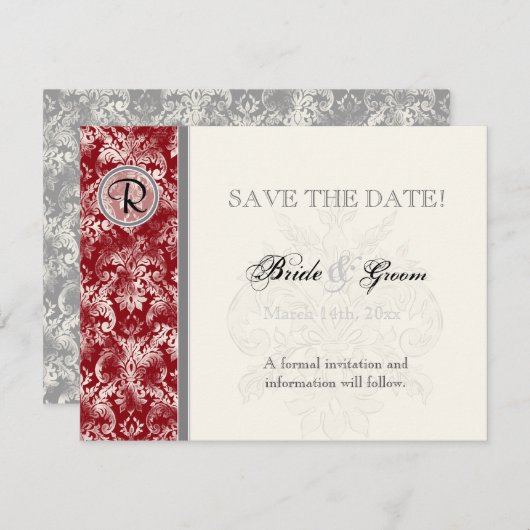 Fleur di Lys Damask - Weinkarte Save the Date (Vorne/Hinten)