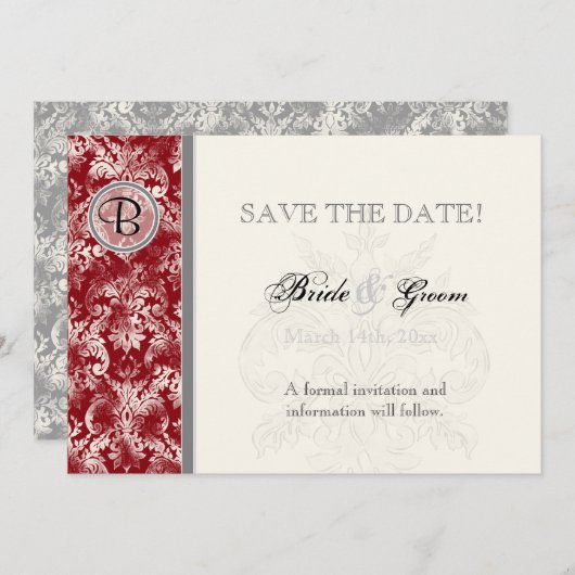 Fleur di Lys Damask - Weinkarte Save the Date (Vorne/Hinten)