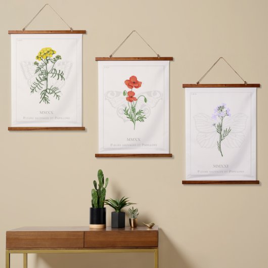 Fleurs sauvages Set von 3 Wall Tapestes Wandteppich Mit Holzrahmen (Asymmetrisch)