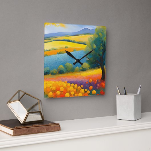 "Fleurs Tranquilles" weite Landschaft Provence Quadratische Wanduhr (Büro)