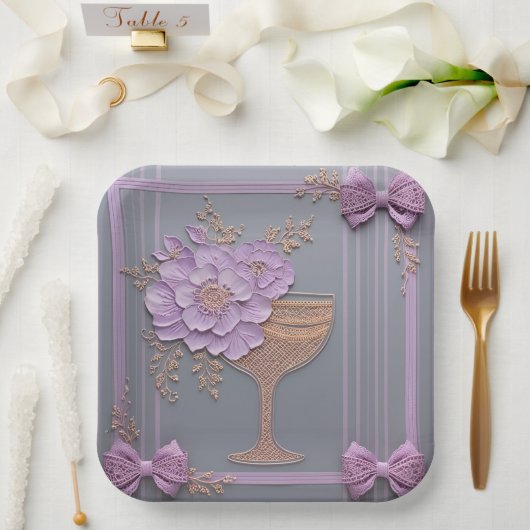 Flieder 3D-Effekt Blumen & Roségold-Spitze Pappteller (Hochzeit)