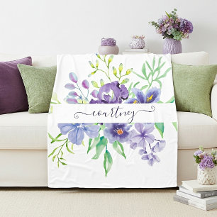 Flieder-Aquarell-Blumen personalisiert Fleecedecke