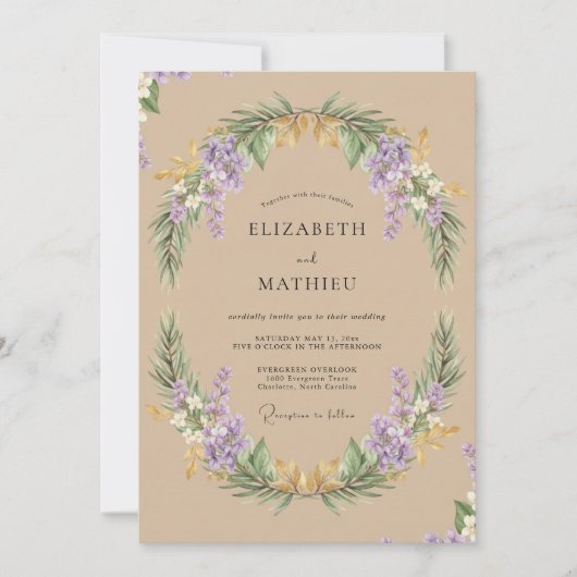 Flieder-Beige-Kranz-Hochzeit Einladung (Vorderseite)