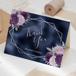 Flieder Blumen Silber Marineblau Folie Hochzeit Dankeskarte