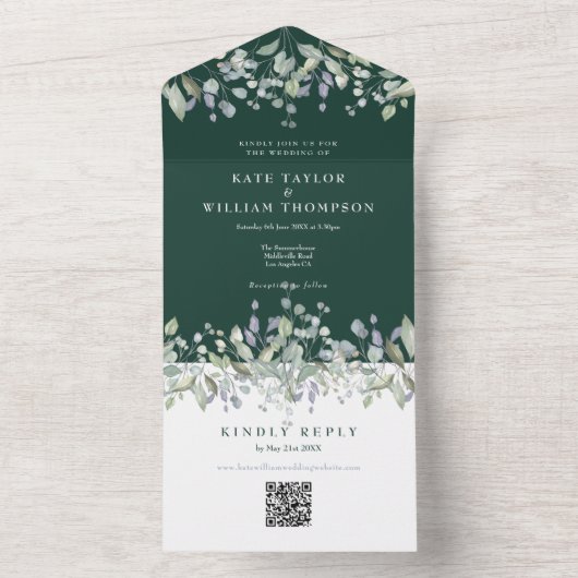 Flieder Blumen Smaragdgrüner QR-Code Hochzeit All In One Einladung (Innen Boden)
