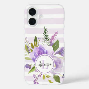 Flieder Blumen und Streifen Monogramm iPhone 16 Hülle