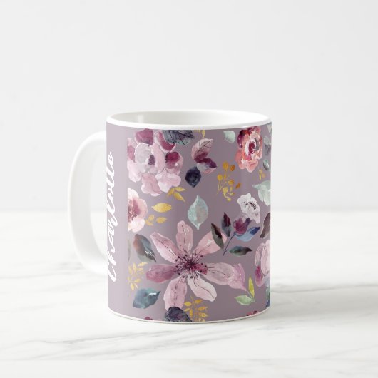 Flieder Blumenmuster Monogramm Kaffeetasse (Vorderseite Links)