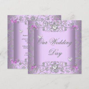 Flieder-Damask-Hochzeit Silber-Diamant-Herzen Einladung